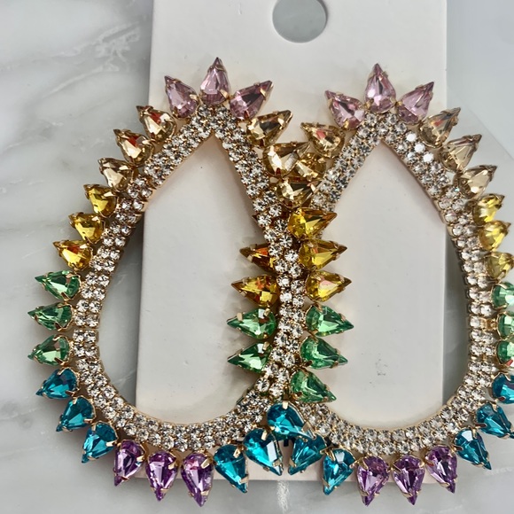 New Express Teardrop Earring rainbow ombre colorful round rhinestone gold - Picture 3 of 5